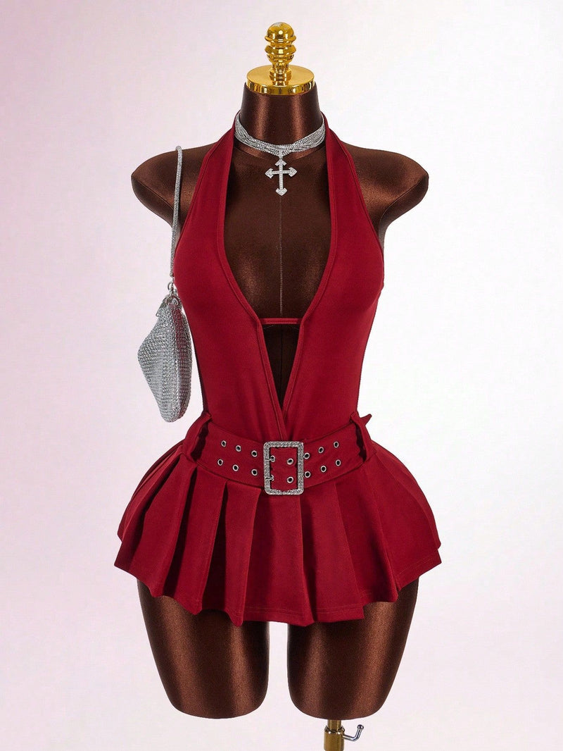 Sleeveless Deep V Neck Pleated Mini Dress GXIY K25L1743