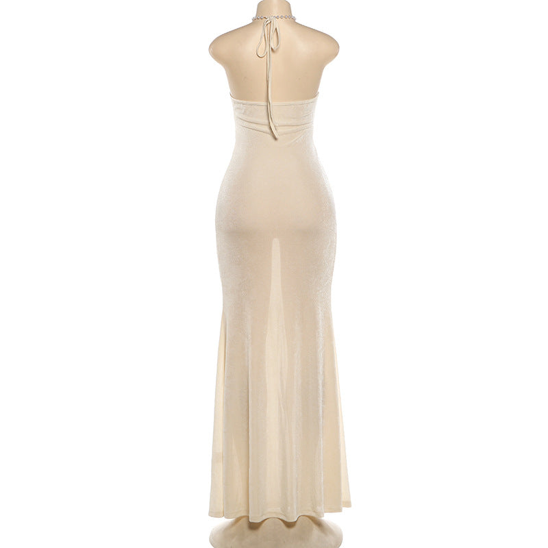 Pearl Chain Patchwork Backless Maxi Dress DLSF K6D09564A