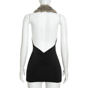 Fur Neck Backless Ruched Mini Dress GDSF C26DS281