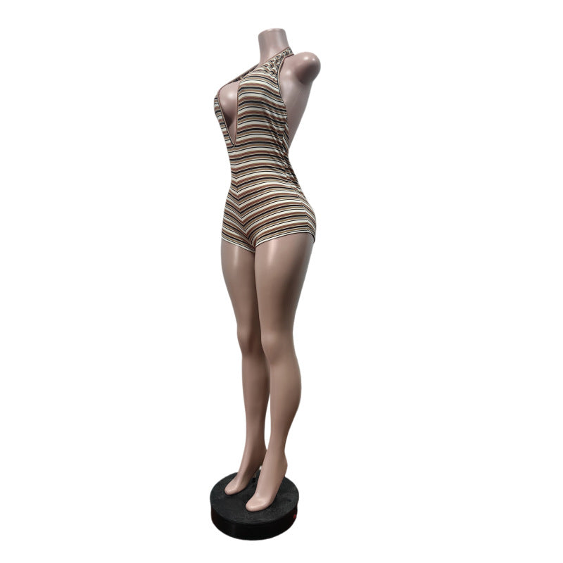 Stripe Halterneck Backless Romper MEM 88703