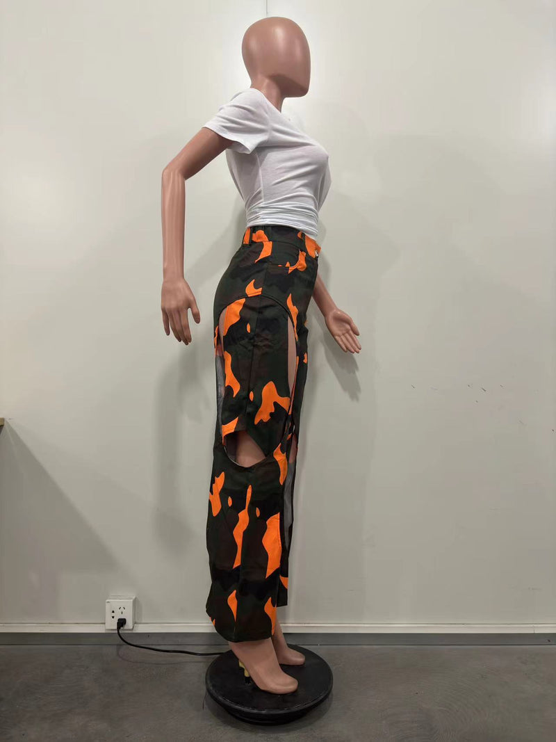 Camouflage Print Holes Cross Straight Pants OD 8600