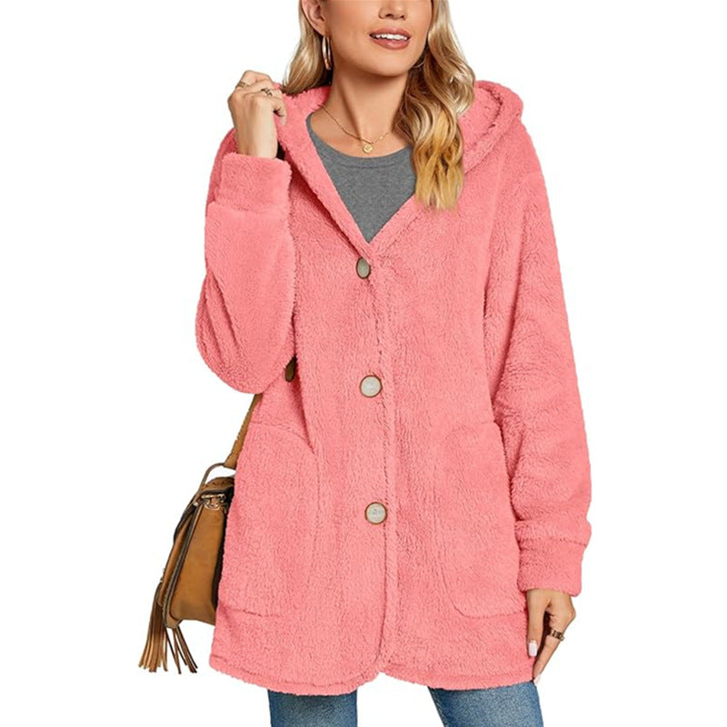 Plush Hooded Button Pocket Casual Coats GYOU CX826