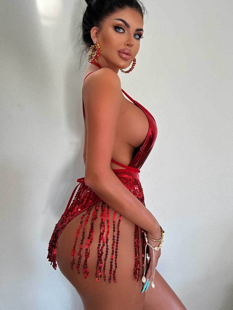Sexy Deep V Neck Tassel One Piece Swimsuit DYSC DY22A150YYB091513