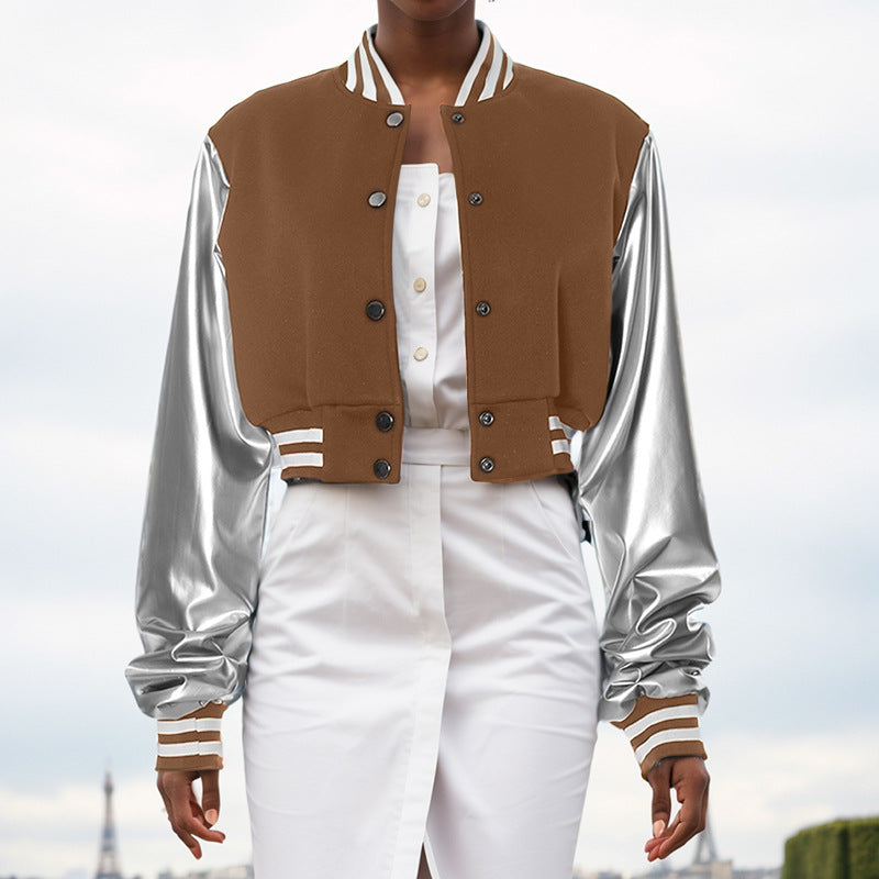Color Block Short PU Leather Baseball Coat GSZM K23TP377