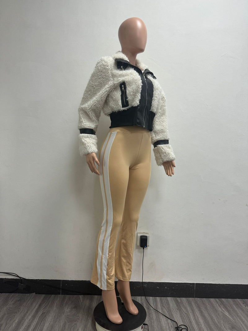 Faux Fur Collar Patchwork Leather Jacket with Lining YMEF 58015