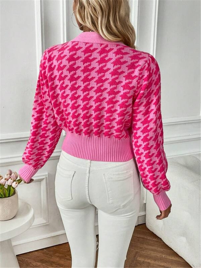 Houndstooth Patterned Knit Cardigan Coat GZYF 1087