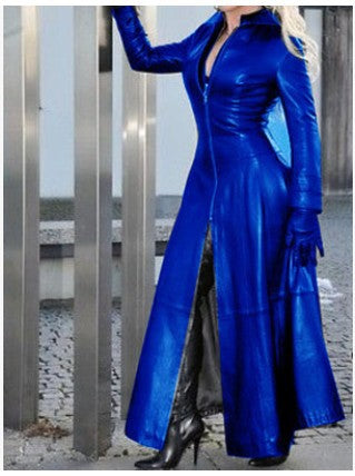 Plus Size Zipper Stand Neck Leather Long Coat GHKC Q012