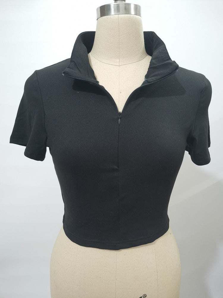 Short Sleeve Solid Zipper Slim T Shirt GYSL 0190