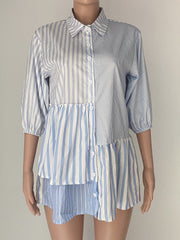 Stripe Patchwork Half Sleeve Shirt ANDF 1542