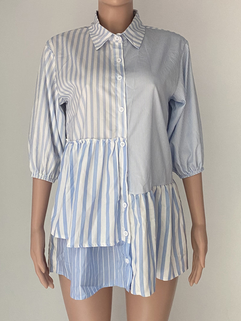 Stripe Patchwork Half Sleeve Shirt ANDF 1542