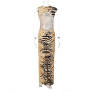 Zebra Print Backless Hollow Out Maxi Dress GLAG D6321233G