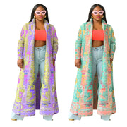 Print Color Block Long Sleeve Cardigan Coat YF 10634