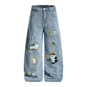 Plus Size Cat Embroidered Multi Pockets Jeans GYLN 6334