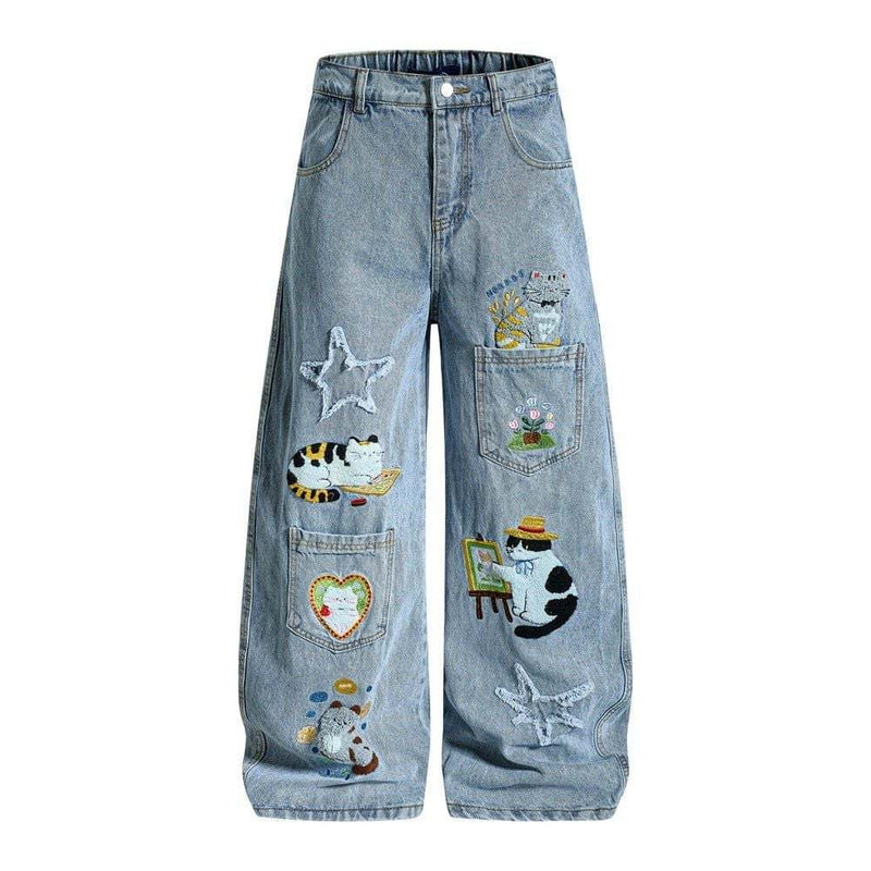 Plus Size Cat Embroidered Multi Pockets Jeans GYLN 6334