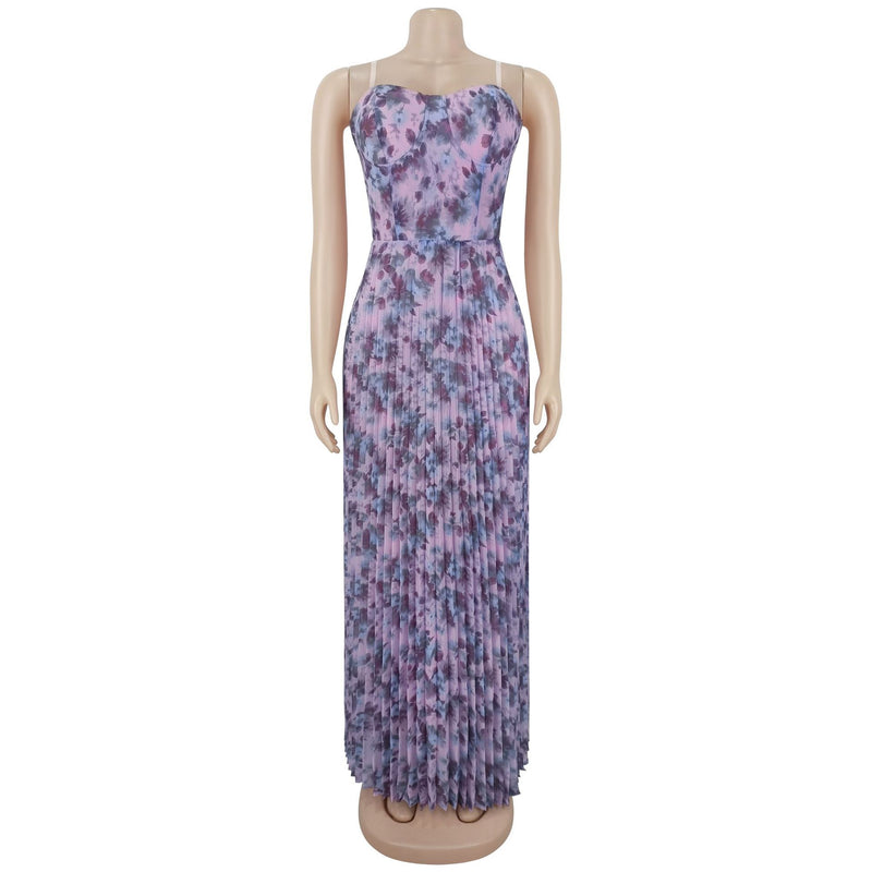 Floral Print Pleated Chiffon Maxi Dress BY 7751