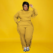 Plus Size Solid Color Hooded Tassel Two Piece Pants Set OSIF 21278