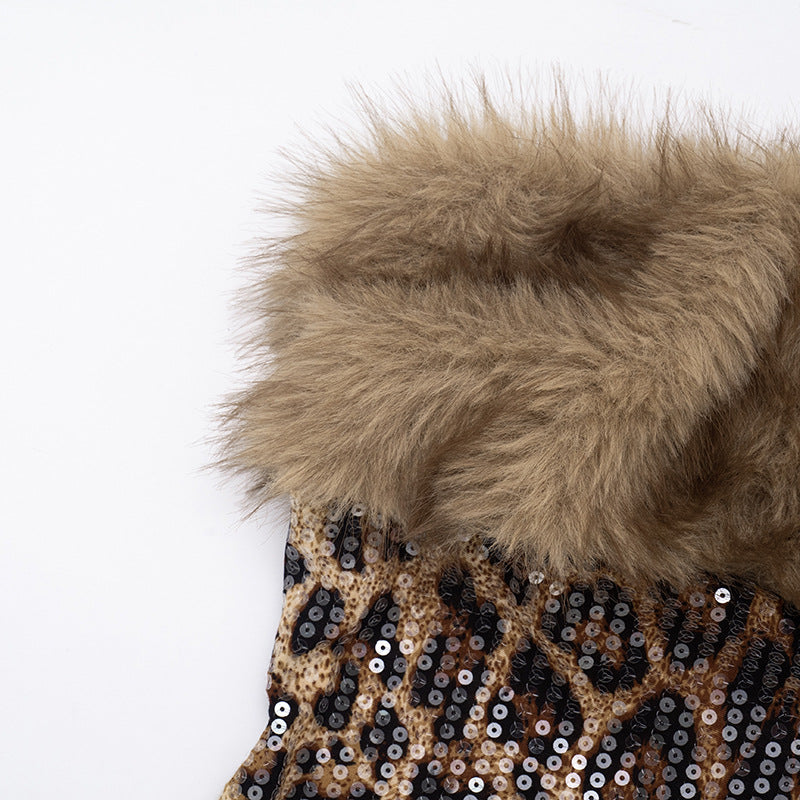 Fur Patchwork Leopard Sequin Mini Dress GDSF D26DS271