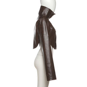 High Neck Solid Color Short Zipper PU Leather Jacket XEF K25C84468