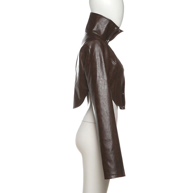 High Neck Solid Color Short Zipper PU Leather Jacket XEF K25C84468