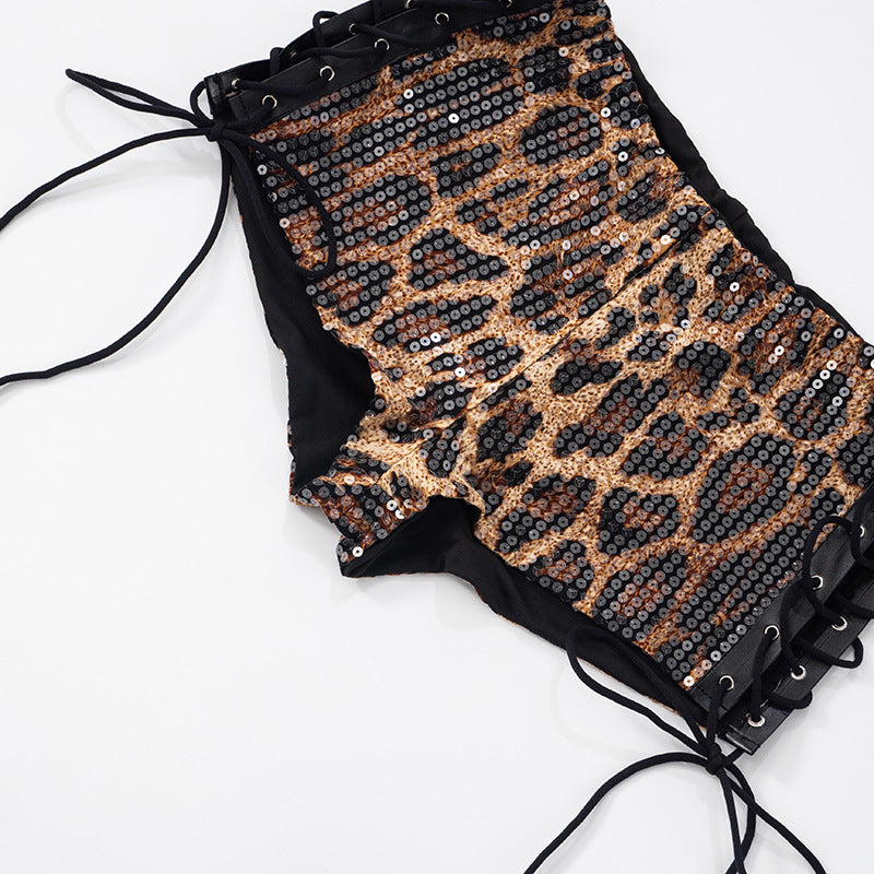 Leopard Sequin Bandage Skinny Shorts GDSF D25PT126