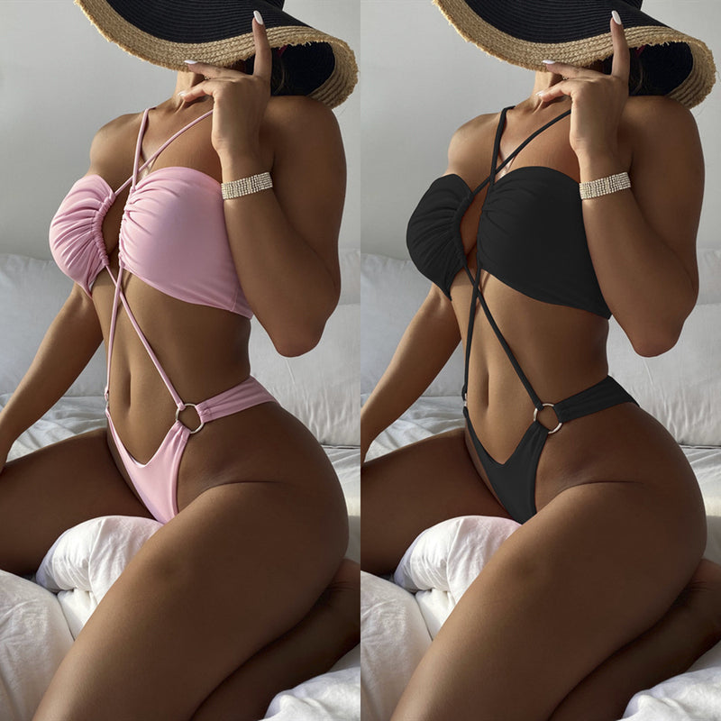 Solid Sexy Hollow Bandage One Piece Swimsuit CASF 6342
