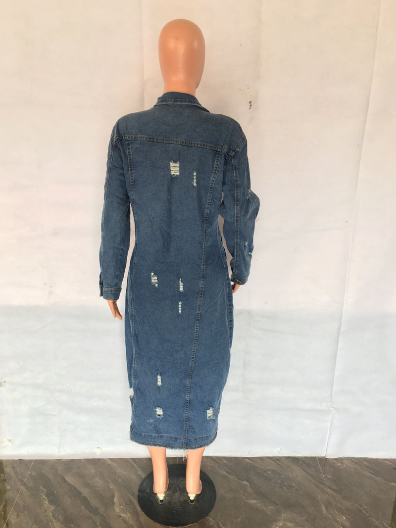 Casual Denim Holes Long Sleeve Holes Long Coats LX 5527