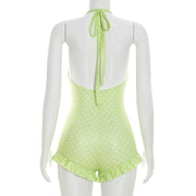 Polka Dots Print Halterneck Backless Romper GDSF D26RP139