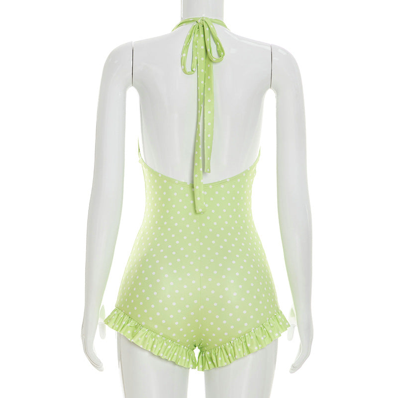 Polka Dots Print Halterneck Backless Romper GDSF D26RP139