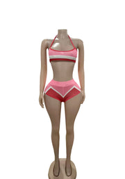 Color Block Bikini Short Top Three Piece Set GFCF 1372