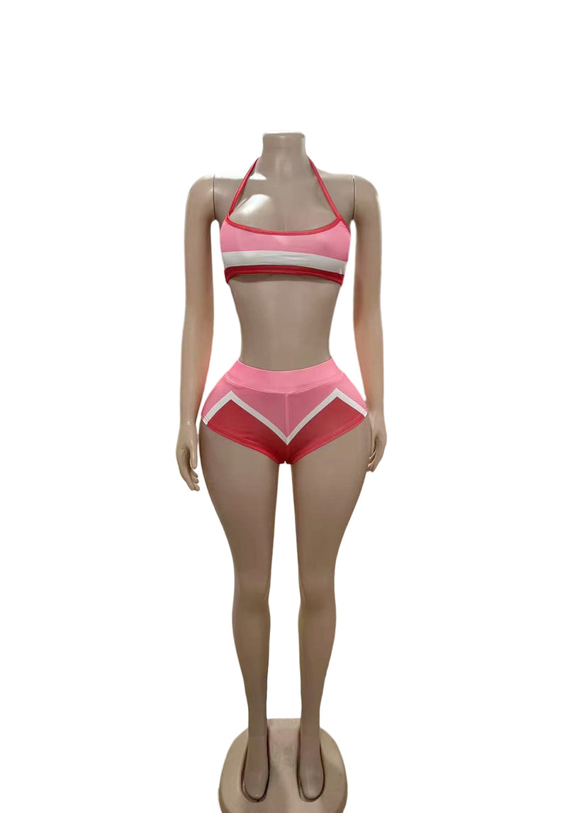 Color Block Bikini Short Top Three Piece Set GFCF 1372