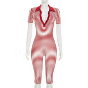 Stripe Print Lapel Seventh Jumpsuit MXBF D26JP197