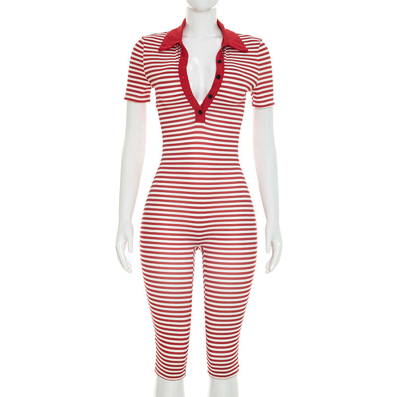 Stripe Print Lapel Seventh Jumpsuit MXBF D26JP197