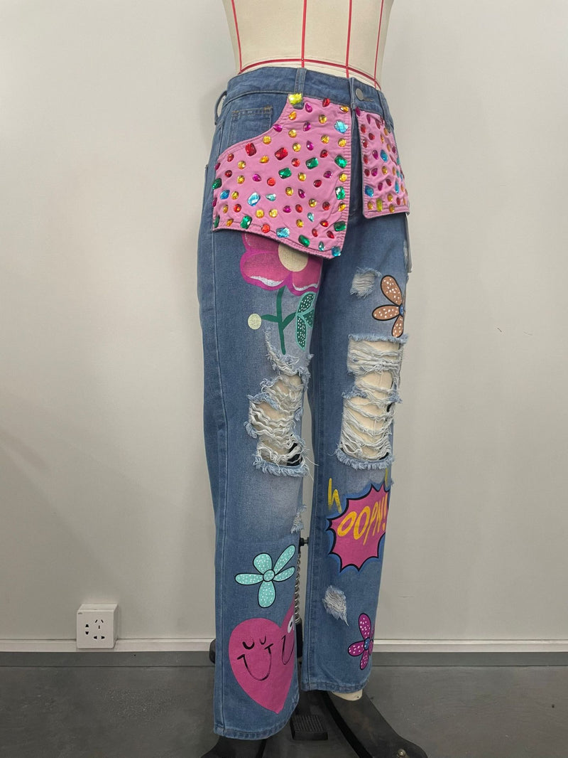 Plus Sizse Hot Drill Print Holes Loose Jeans OD 8685