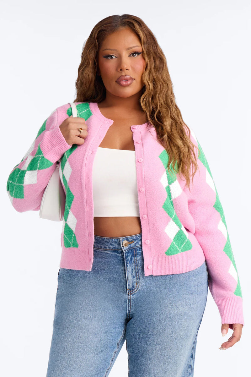 Plus Size Diamond Plaid Color Blocked Sweater Coats YMEF 59125