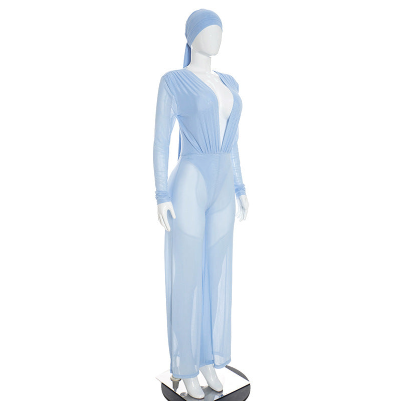 Mesh Patchwork See Through Jumpsuit With Headscarf GDSF J26JP323