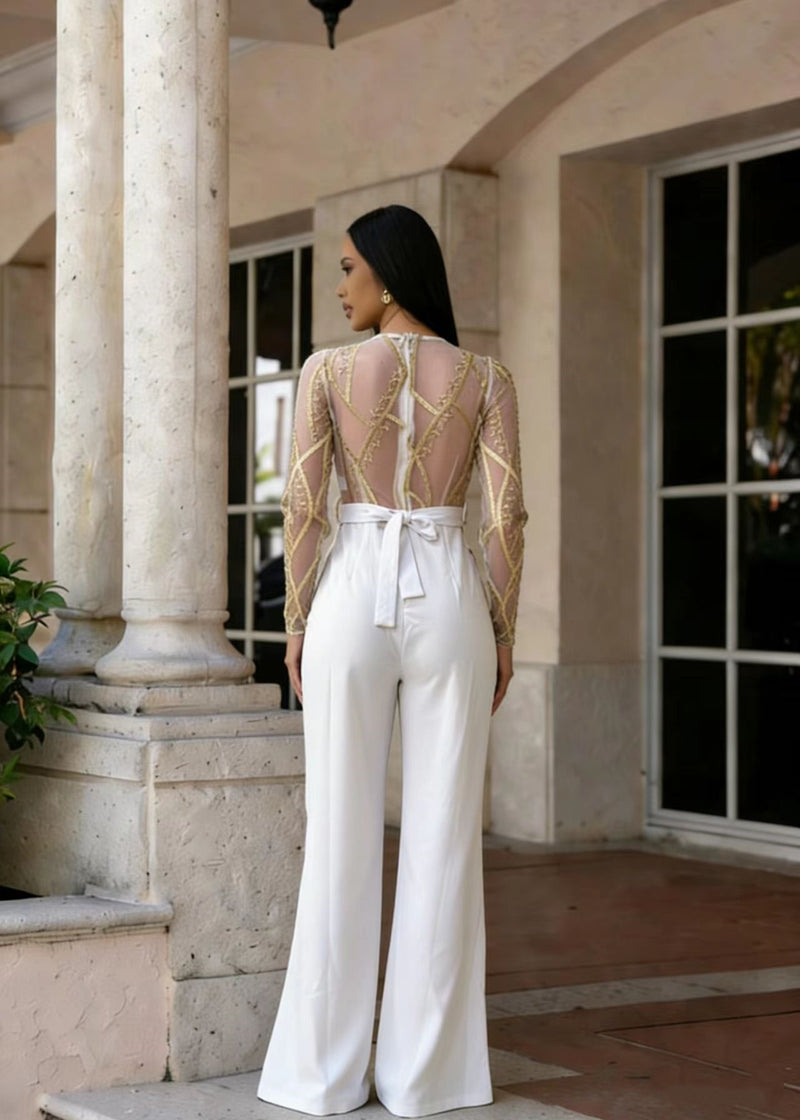 Mesh Embroidery See Through Wide Leg Jumpsuit LA 6005