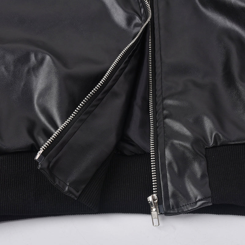 PU Leather Contrast Color Splicing Zipper Short Jacket GBTF 7307