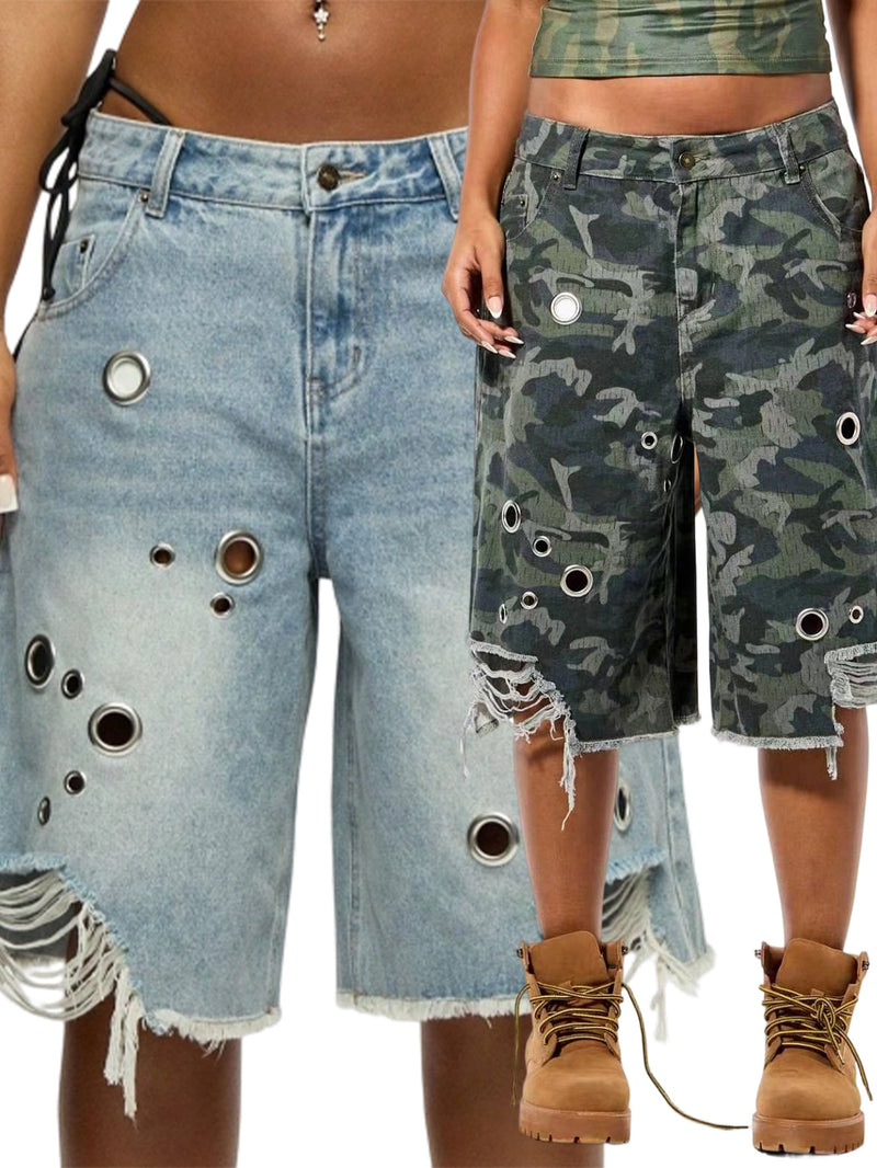 Casual Print Holes Denim Fifth Pants OD 8780