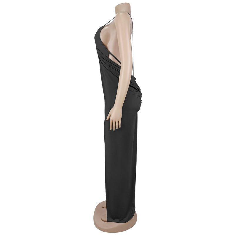 V Neck Cross Hollow Out Split Maxi Dress BY 7802