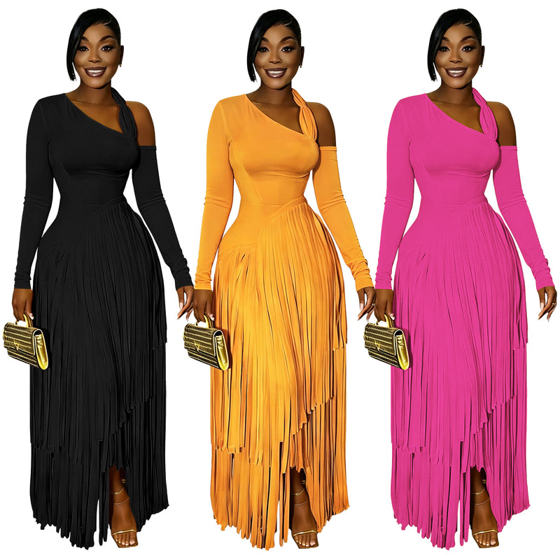 Solid Color Long Sleeve Tassel Maxi Dress YF 11109