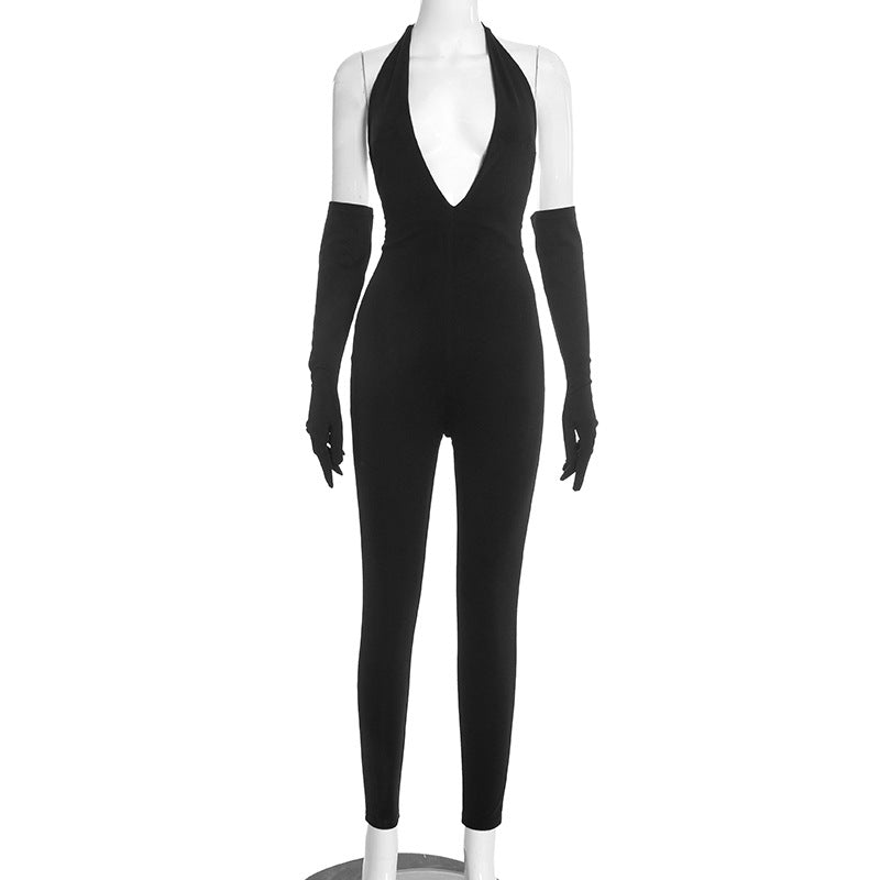 Halterneck Tie Up Backless Slim Jumpsuit MXBF J25JP466