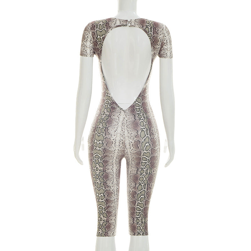 Snake Print Short Sleeve Tight Seventh Jumpsuit GDSF J26JP152