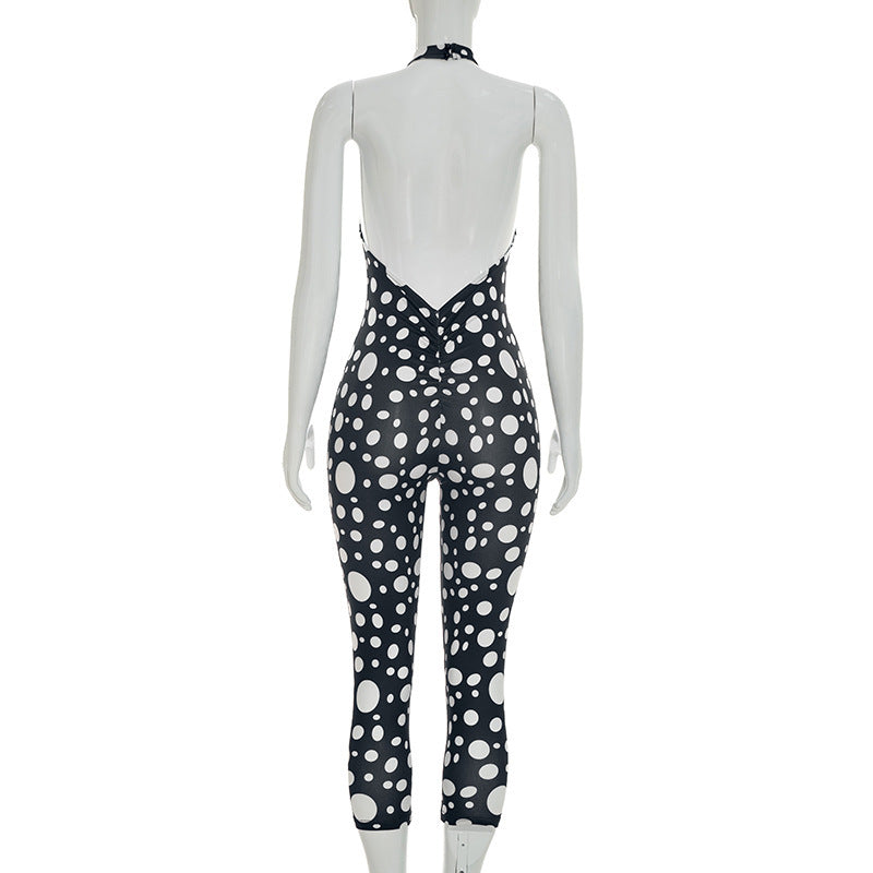 Polka Dots Print Tie Up Backless Jumpsuit GDSF D26JP077