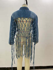 Back Meshes Tassel Denim Jacket GQDH 958