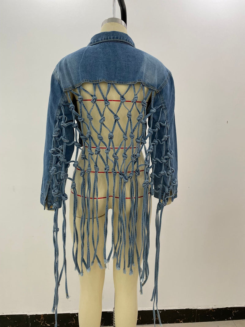 Back Meshes Tassel Denim Jacket GQDH 958