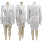 Solid Deep V Neck Drawstring Ruched Bodycon Dress HNIF 076