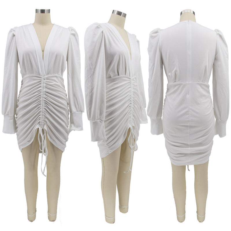 Solid Deep V Neck Drawstring Ruched Bodycon Dress HNIF 076