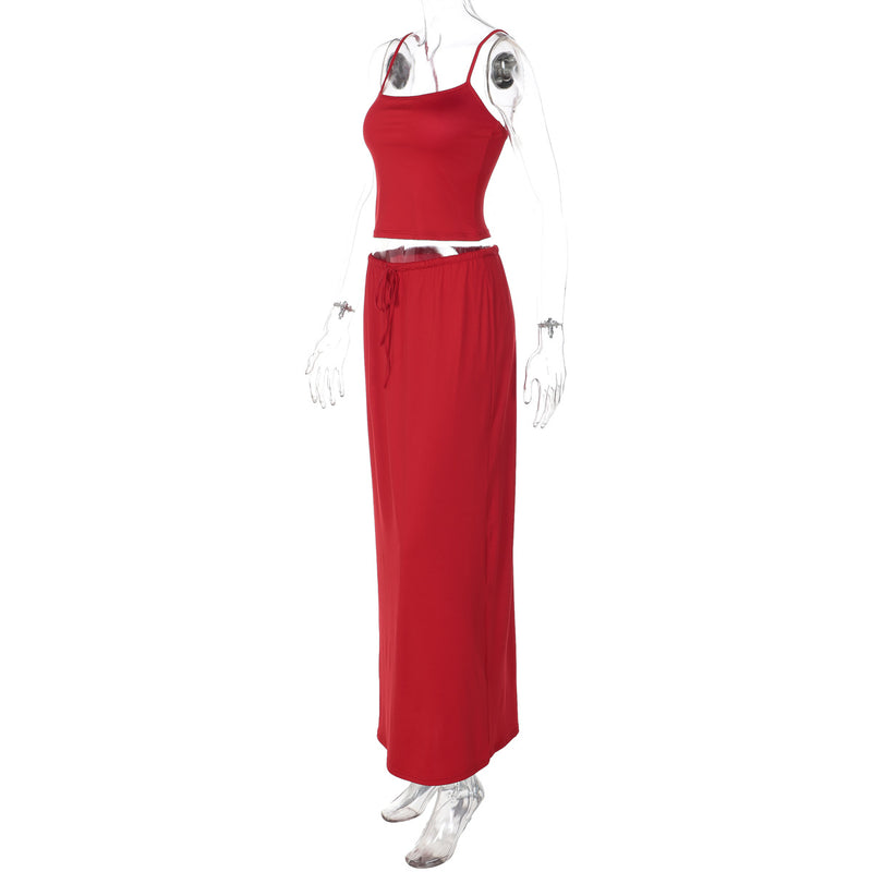Solid Color Sling Top Two Piece Skirt Set GLAG S5A20420F