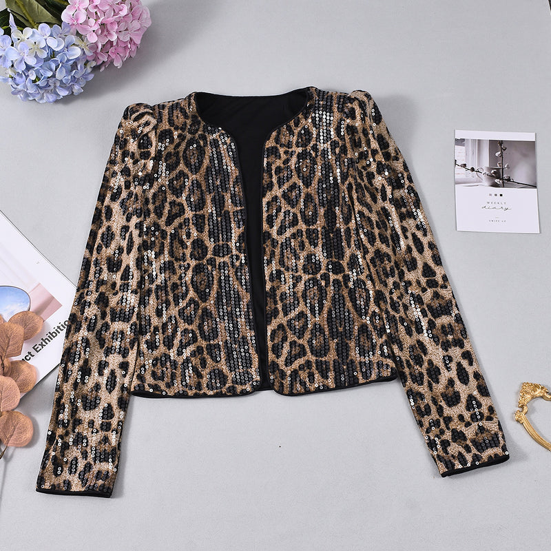 Leopard Print Sequin Long Sleeve Coats GFRT 51944TBD