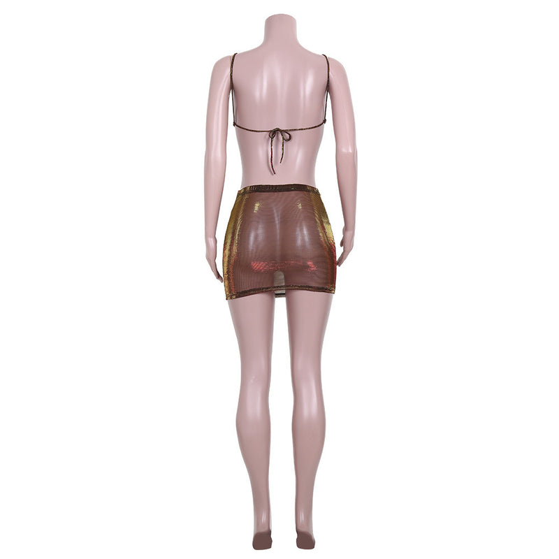 Mesh See Through Sling Top And Skirts Two Piece Set JZHF 8030